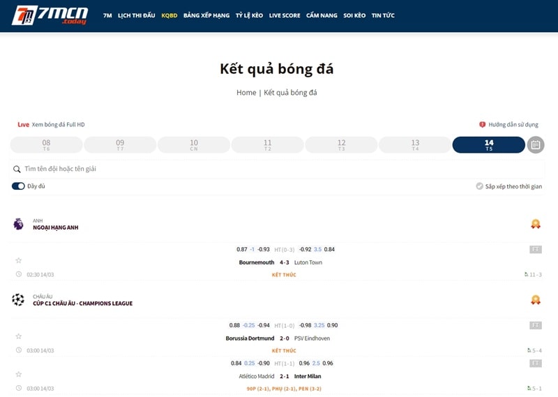 7M trang cung cấp kết quả bóng đá uy tín